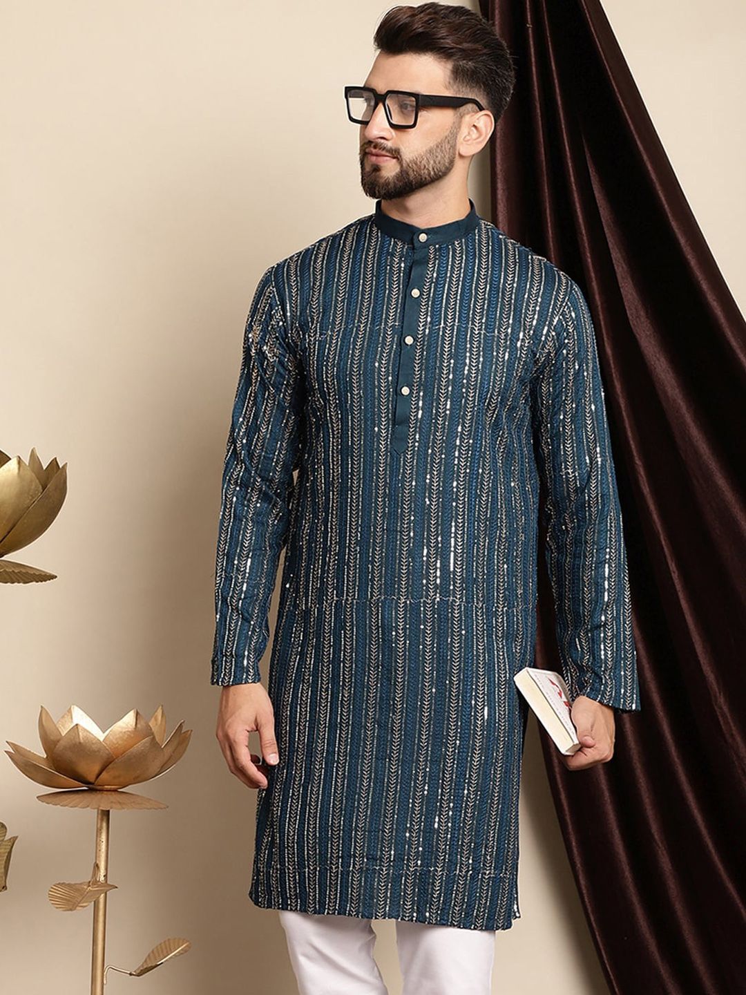 Anouk Teal Blue Ethnic Motif Woven Design Sequined Cotton Straight Kurta