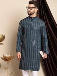 Anouk Teal Blue Ethnic Motif Woven Design Sequined Cotton Straight Kurta