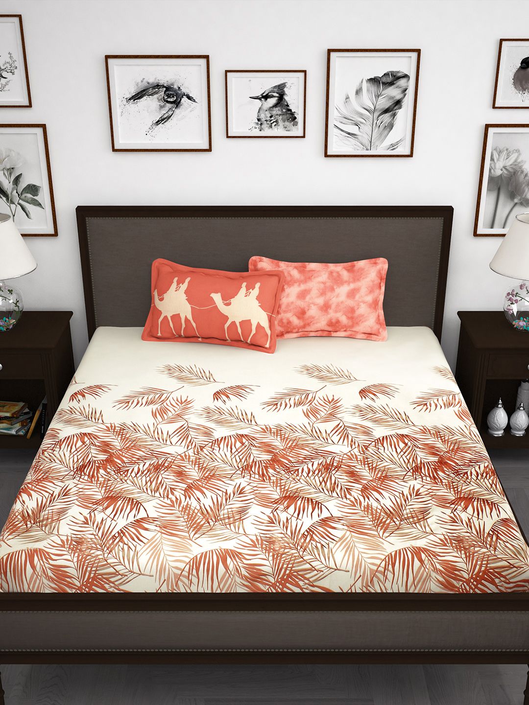 Story@home Cream-Coloured Abstract 210TC Cotton 1 King Bedsheet with 2 Pillow Covers
