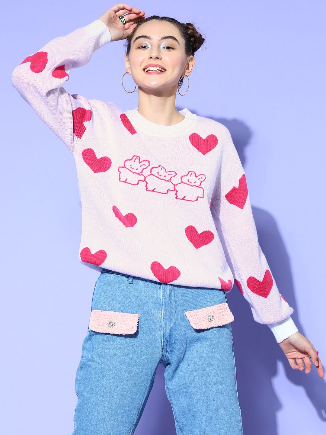 Berrylush Women Stylish White Geometric Knits Bits Sweater