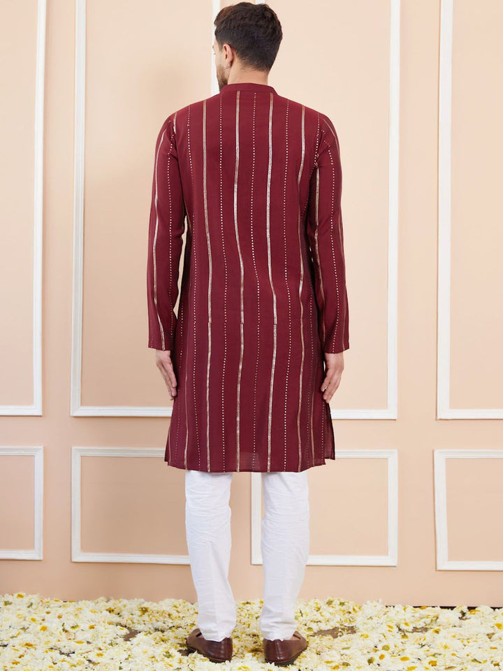 See Designs Mandarin Collar Striped Thread Work Chanderi Silk Straight Kurta