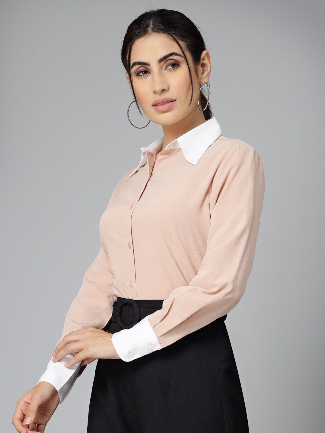 Style Quotient Nude-Coloured Smart Spread Collar Formal Shirt