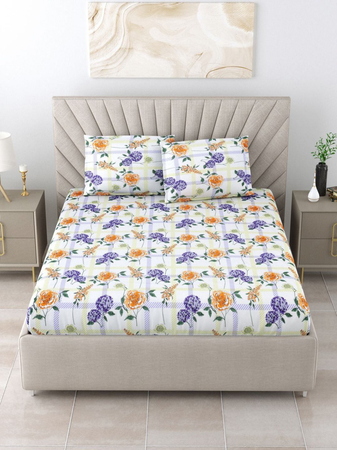 BOMBAY DYEING Florentine White Floral Pure Cotton 144TC Queen Bedsheet Set 2.28 m X 2.54m