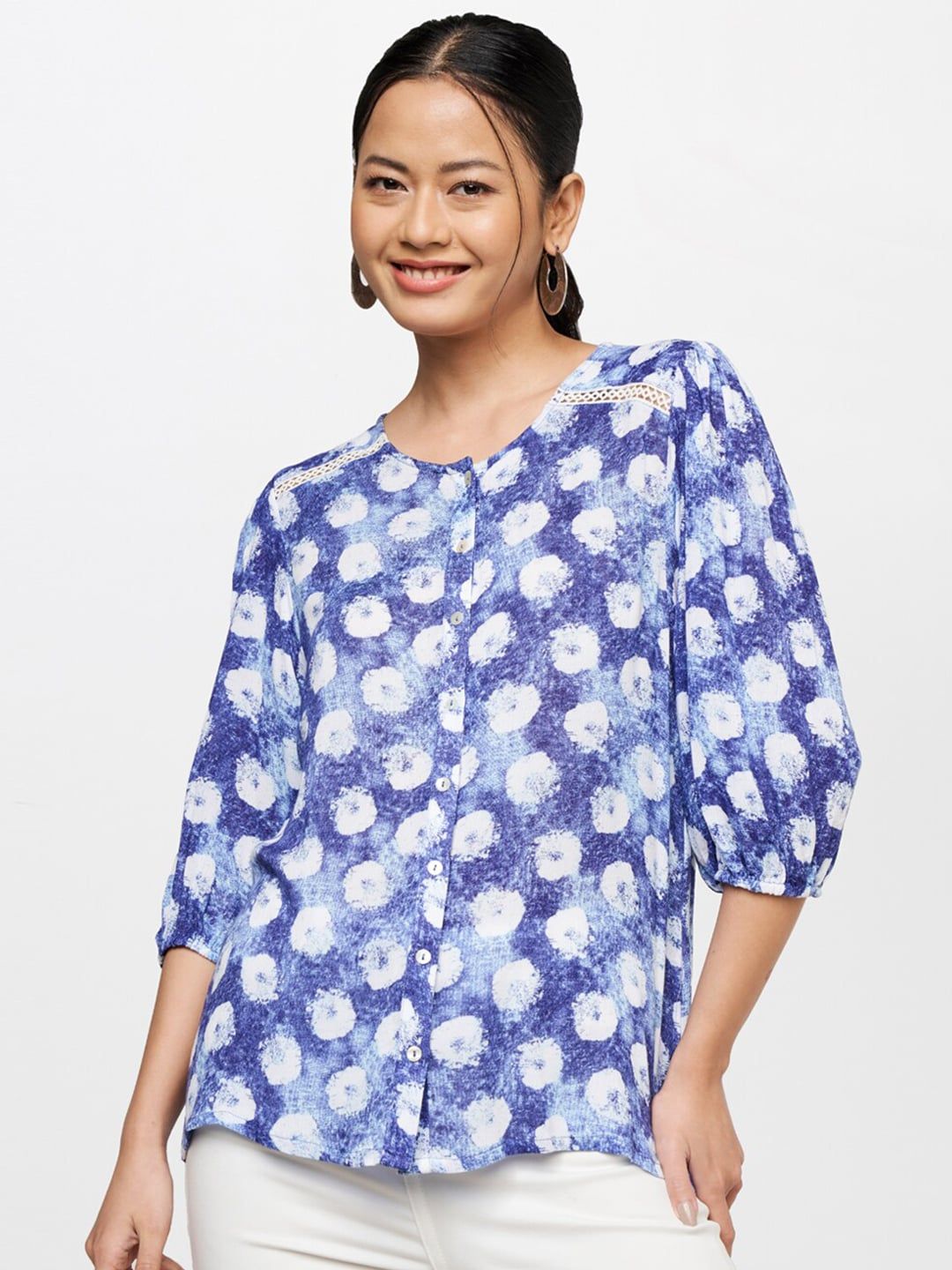 Global Desi Blue Floral Printed Three Quarter Sleeves Top