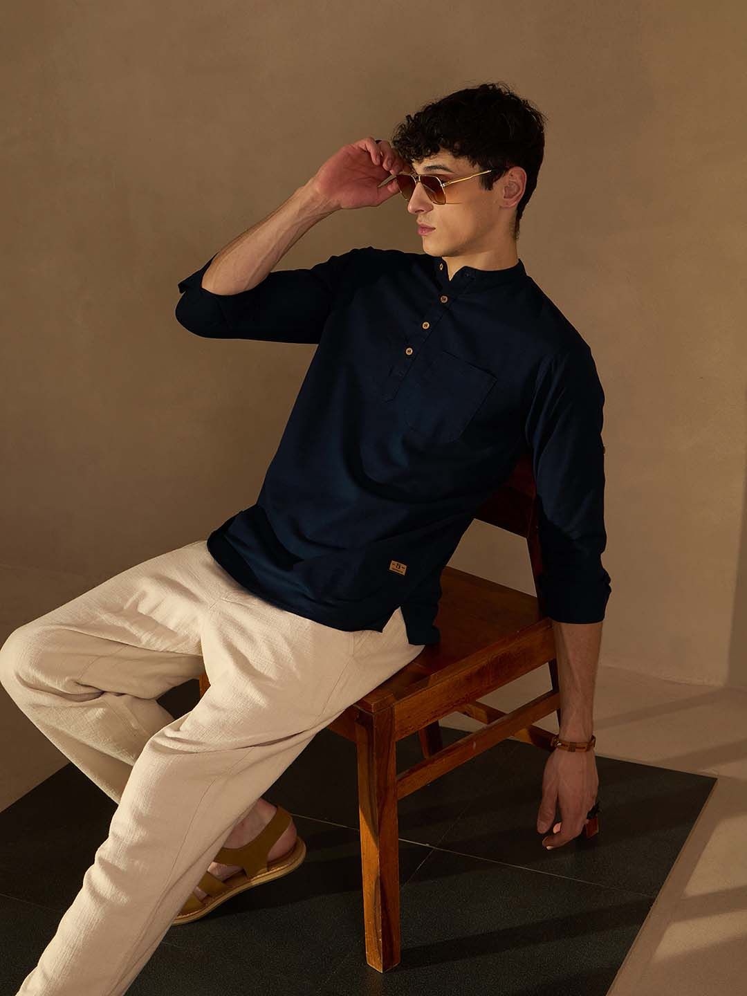 DENNISON Lelaki Navy Blue Solid Straight Pure Cotton Short Kurta