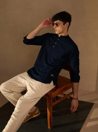 DENNISON Lelaki Navy Blue Solid Straight Pure Cotton Short Kurta