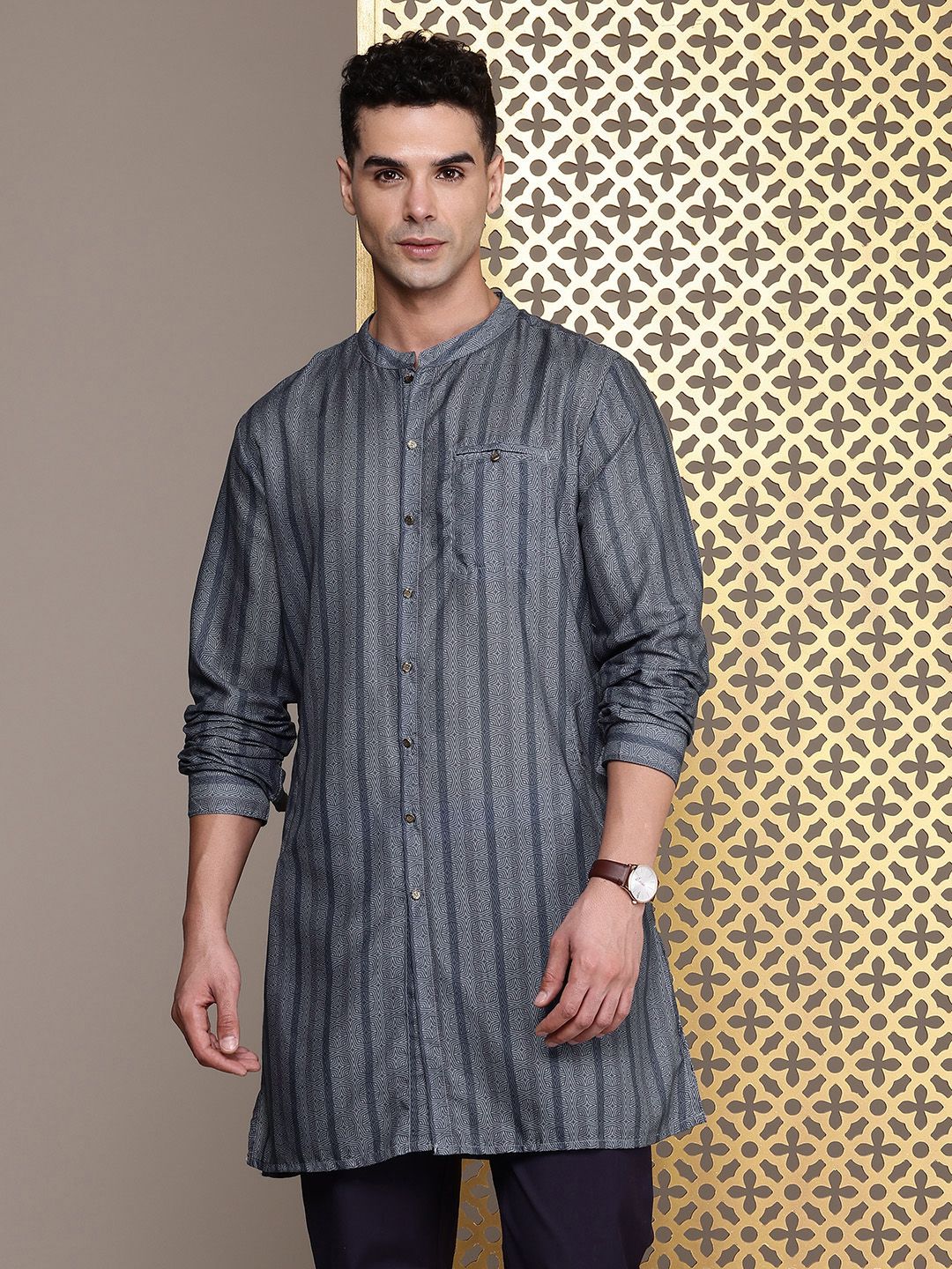 House of Pataudi Ethnic Motifs Printed & Striped Rozana Kurta