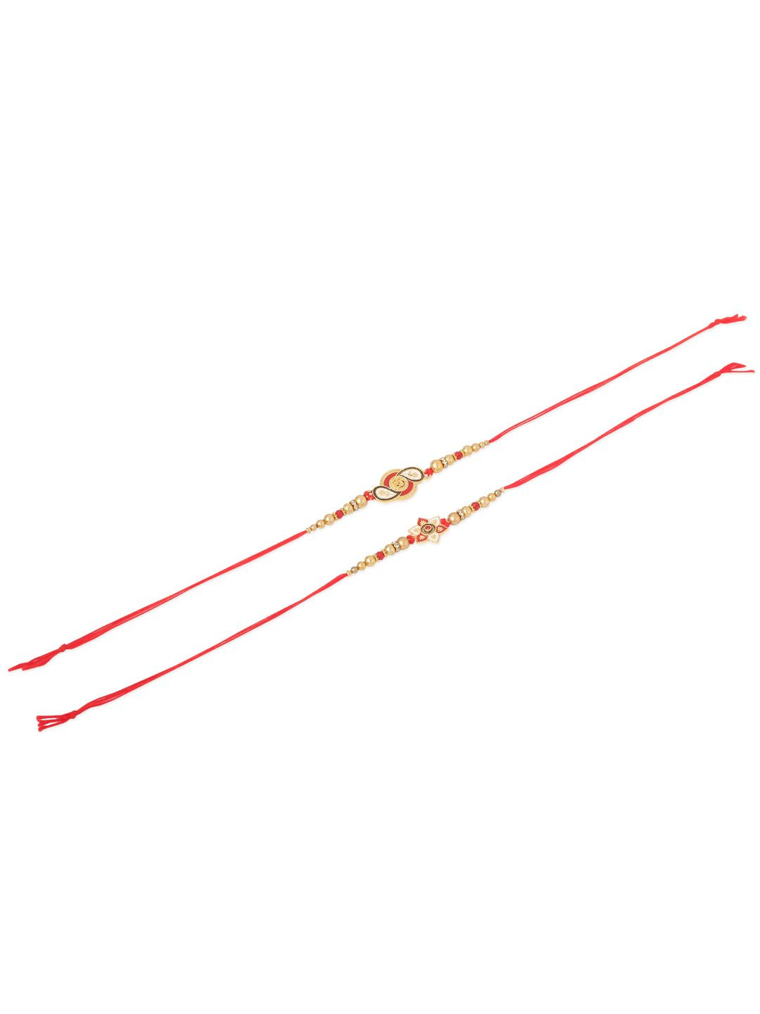 NVR Unisex Set of 2 Floral Artificial Beads Thread Rakhi With Roli Chawal Chandan Mishri