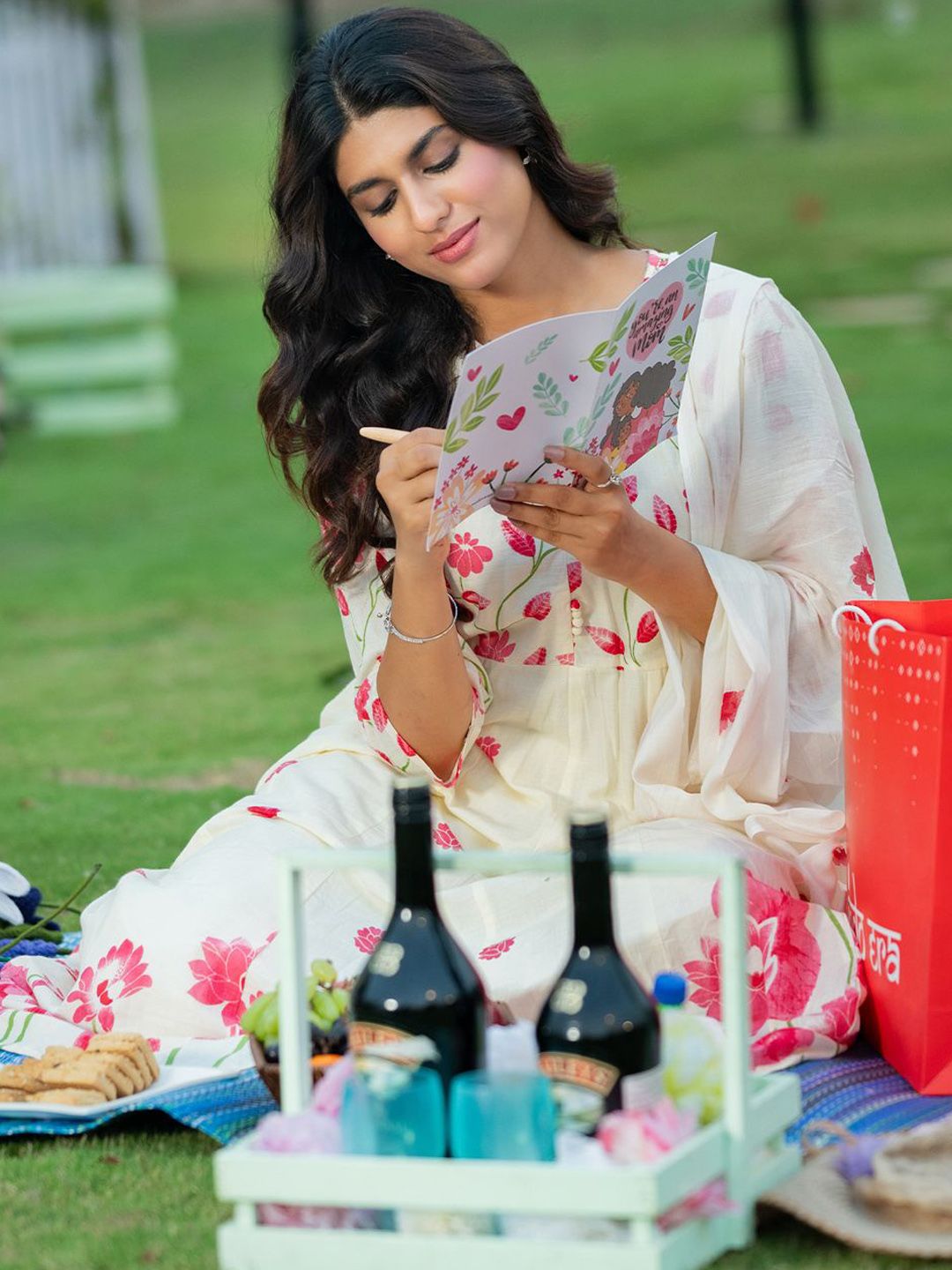 Indo Era Floral Printed Pure Cotton Anarkali Kurta With Trousers & Dupatta