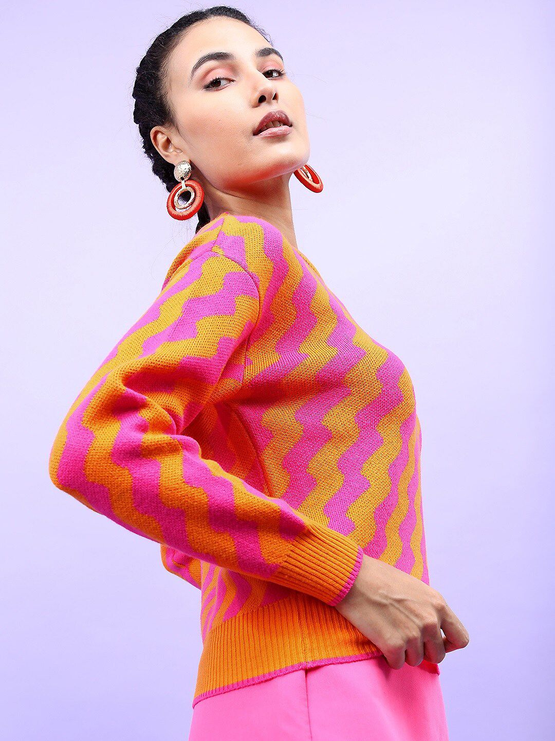 Tokyo Talkies Women Orange & Pink Jacquard Pullover Sweater