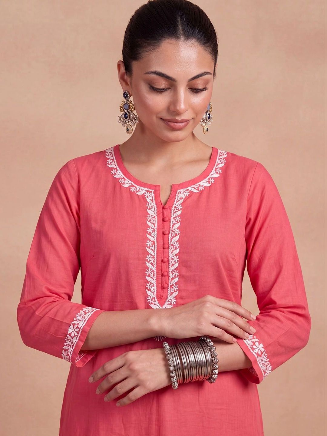 House of Chikankari Women Ethnic Motifs Embroidered Regular Thread Work Chanderi Silk Kurta with Trousers