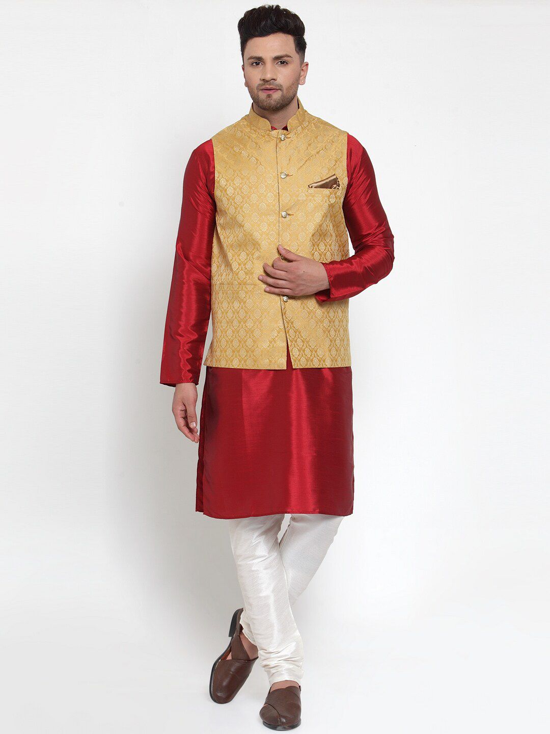 Jompers Men Gold-Coloured & Beige Woven Design Nehru Jacket