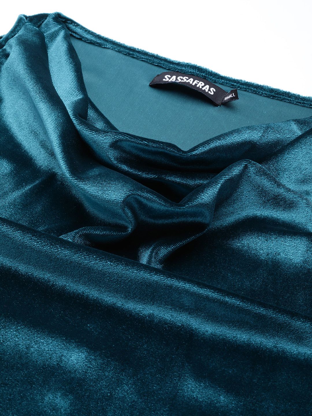 SASSAFRAS Teal Blue Velvet Finish Cowl Neck Top