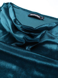 SASSAFRAS Teal Blue Velvet Finish Cowl Neck Top
