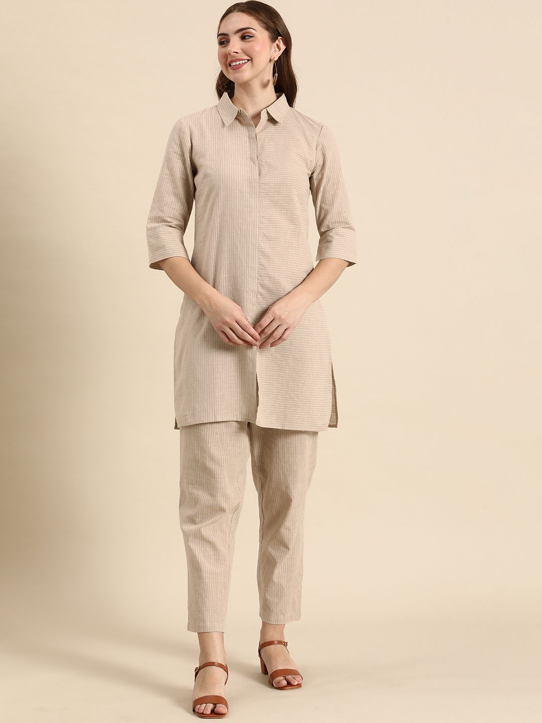 Anouk Beige Striped Tunic with Trousers