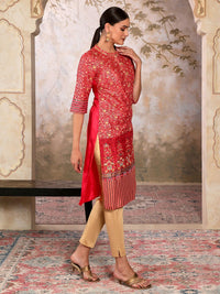 AURELIA Foil Floral Printed Sequined Mandarin Collar Straight Kurta