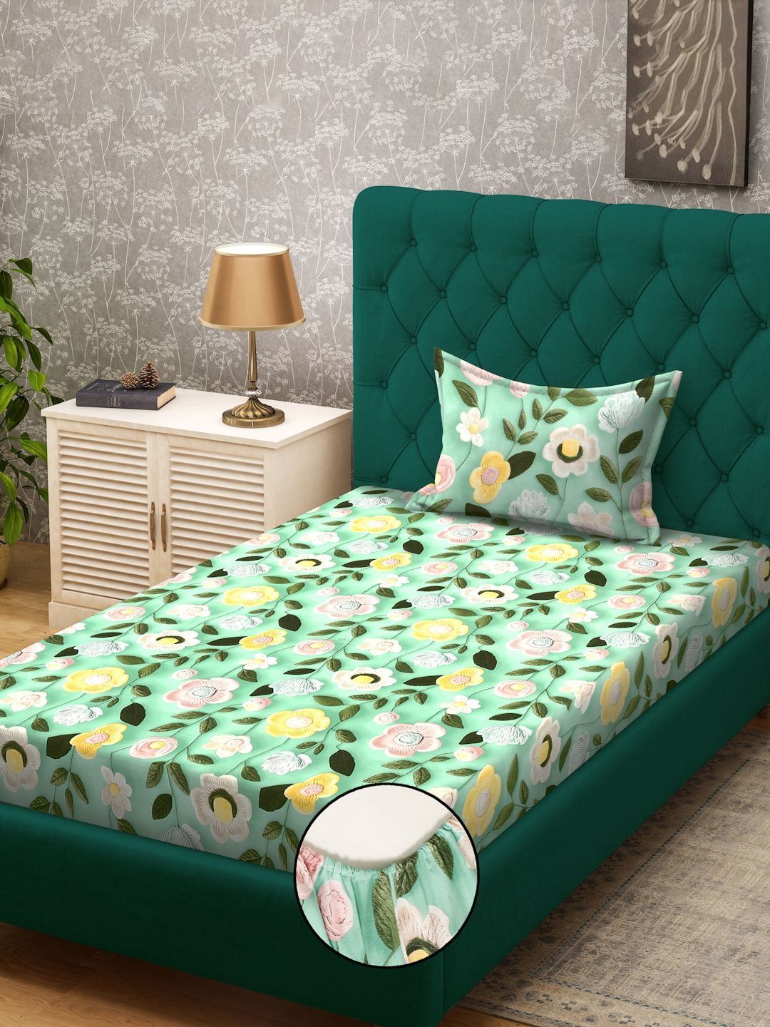 KLOTTHE Pink & Green Floral Printed Fitted 300 TC Single 7D Bedsheet With Pillow Cover