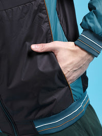 The Indian Garage Co Men Black Longline Outdoor Bomber with Patchwork Jacket