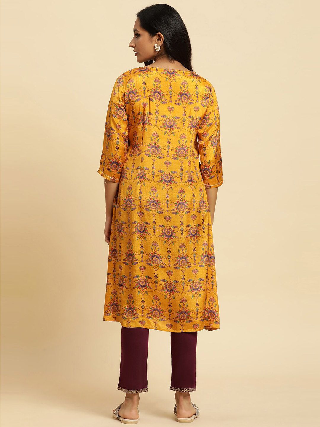 W Yellow Ethnic Motifs Printed Keyhole Neck Pleated Kurta