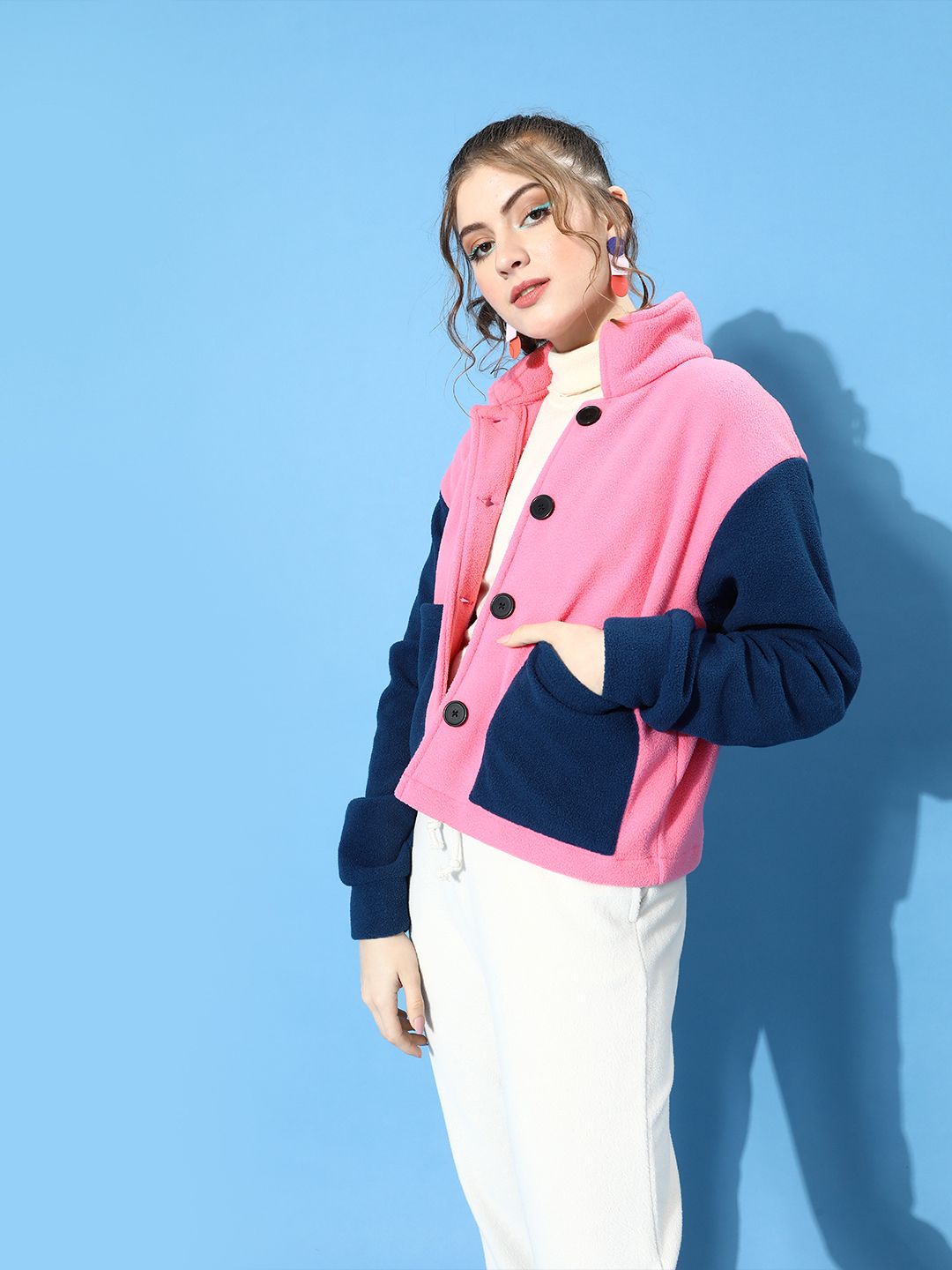 STREET 9 Women Pretty Pink Colourblocked Fleece Tailored Jacket
