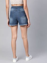 SASSAFRAS Women Blue Washed High-Rise Denim Shorts