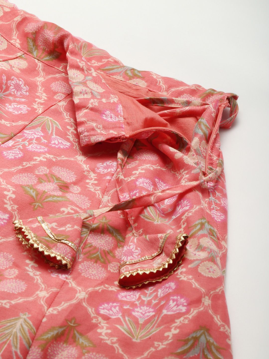 Shae by SASSAFRAS Peach-Coloured & Olive Green Printed Fusion Lehenga Choli
