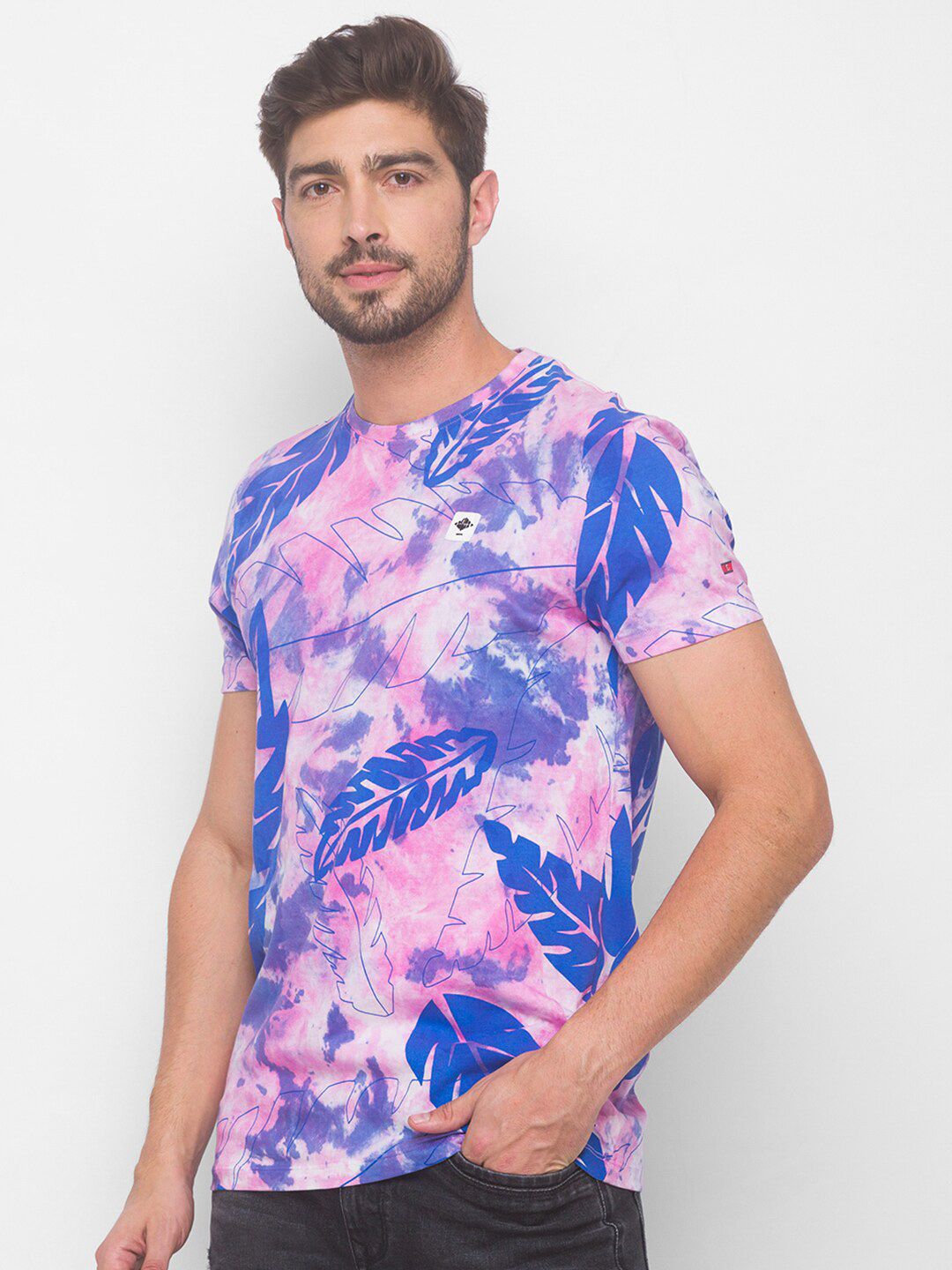 Being Human Men Pink & Blue Printed Pure Cotton T-shirt