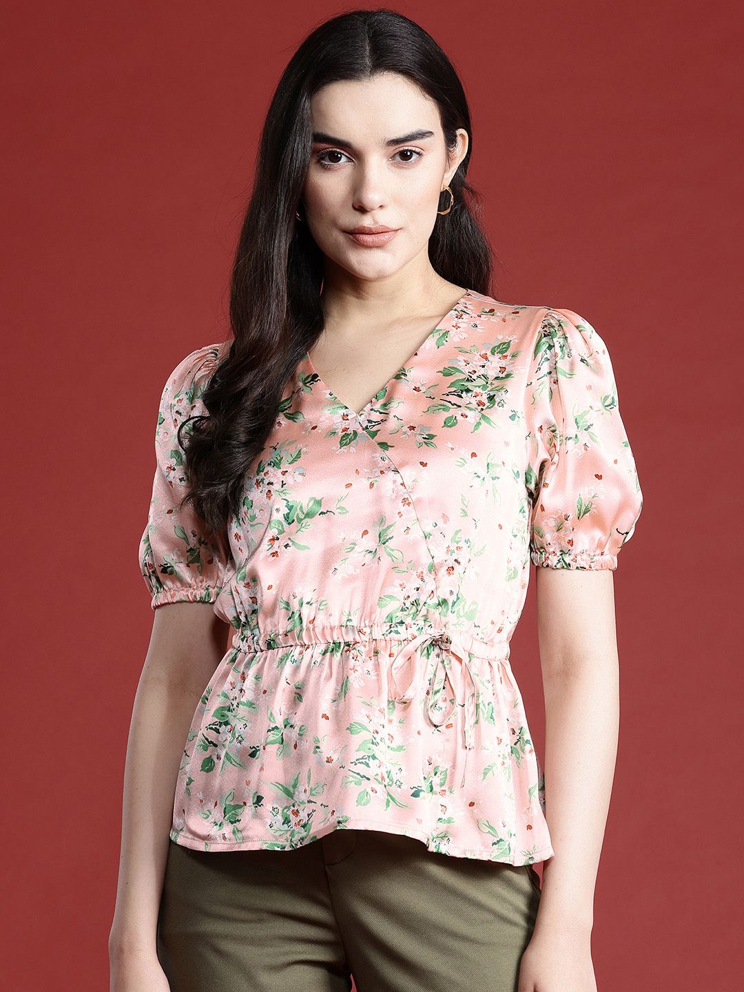 all about you Floral Print Cinched Waist Satin Finish Top