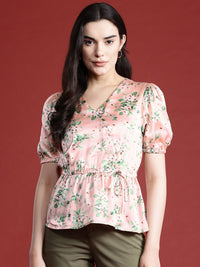 all about you Floral Print Cinched Waist Satin Finish Top