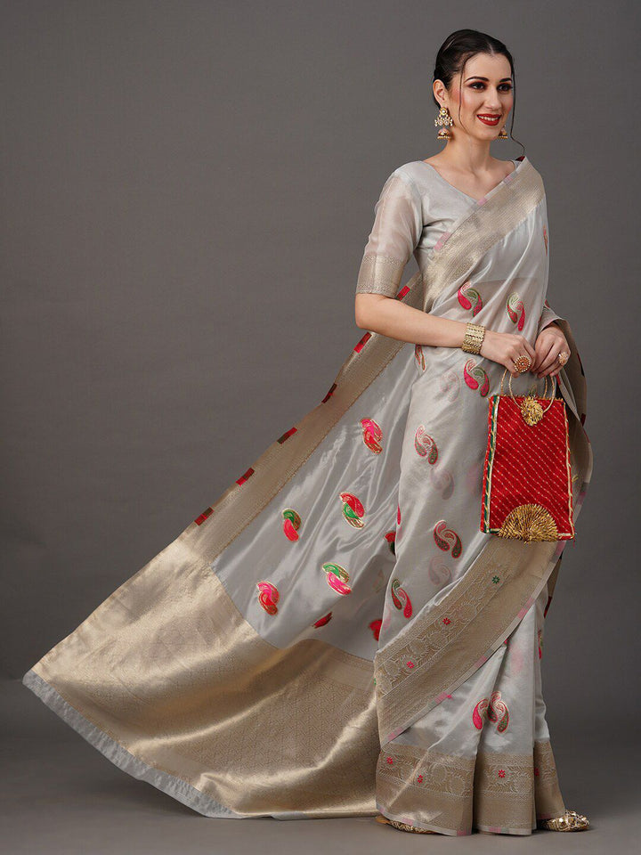 Saree mall Grey & Pink Paisley Woven Design Zari Organza Banarasi Sarees