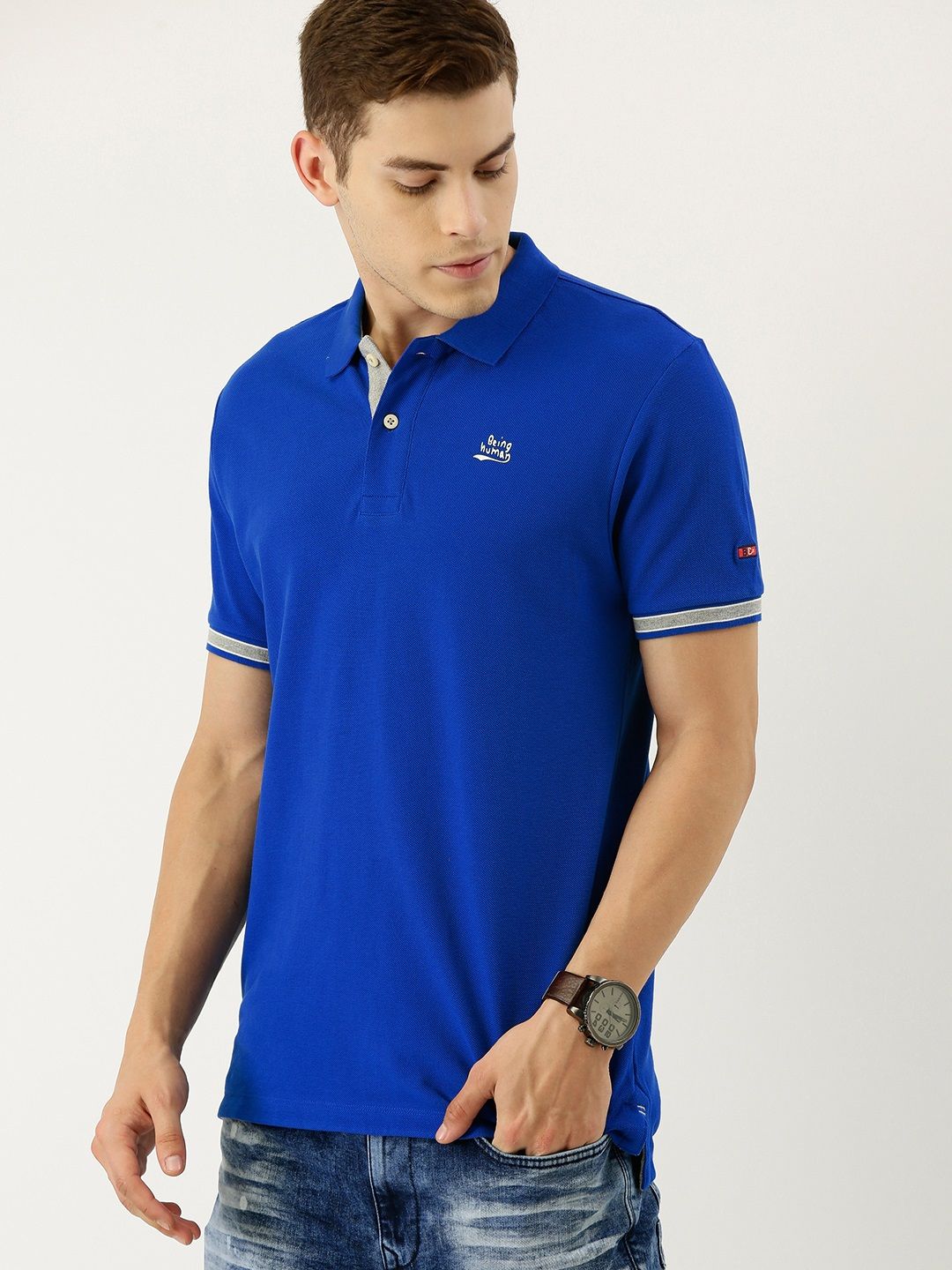 Being Human Men Blue Solid Polo Collar Pure Cotton T-shirt