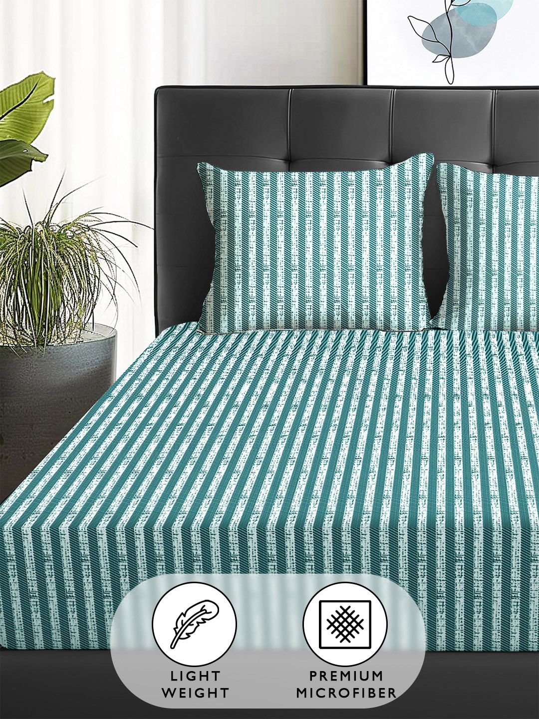 Story@home Arena Green & White Striped Microfiber 180 TC Queen Bedsheet & 2 Pillow Covers