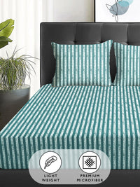 Story@home Arena Green & White Striped Microfiber 180 TC Queen Bedsheet & 2 Pillow Covers
