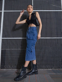 SASSAFRAS Black Lace-Up Shirt Style Crop Top
