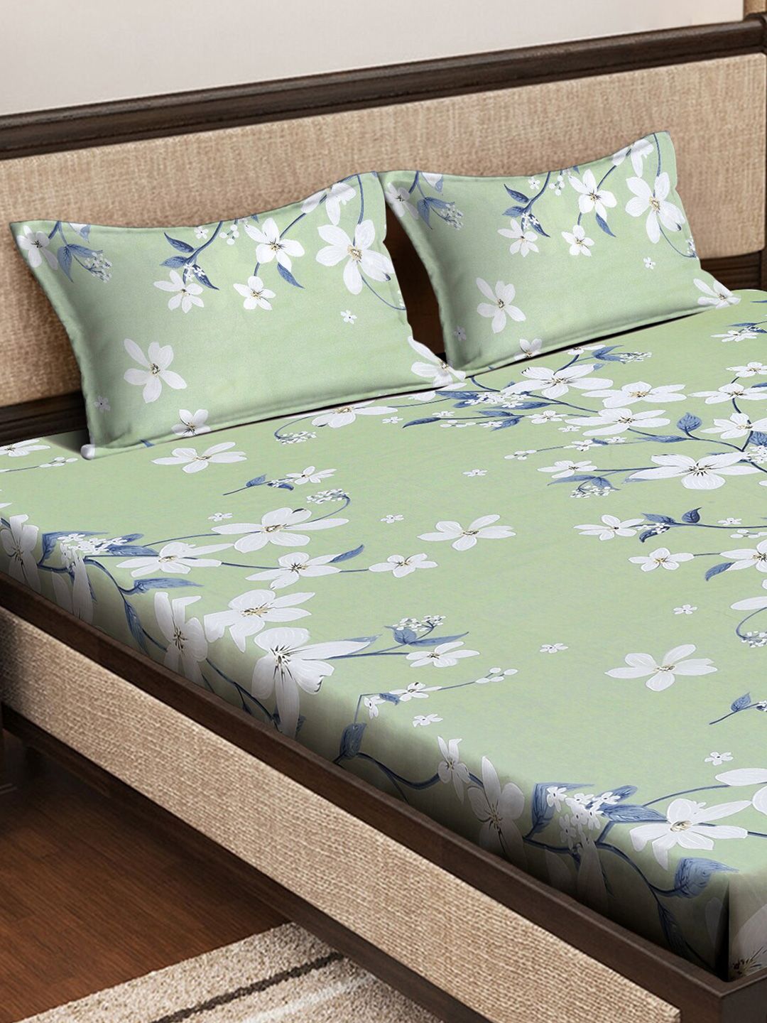 KLOTTHE Green Printed 400 TC Pure Cotton Double King Bedsheet With 2 Pillow Covers