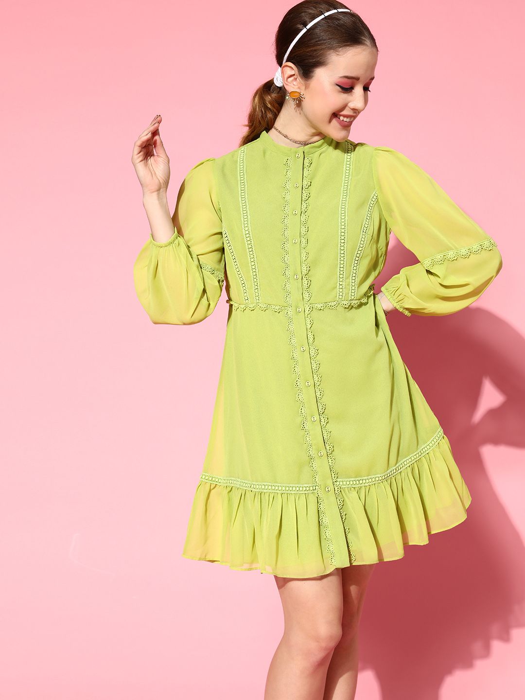 SASSAFRAS Women Attractive Lime Green Solid Feminine Frills Dress