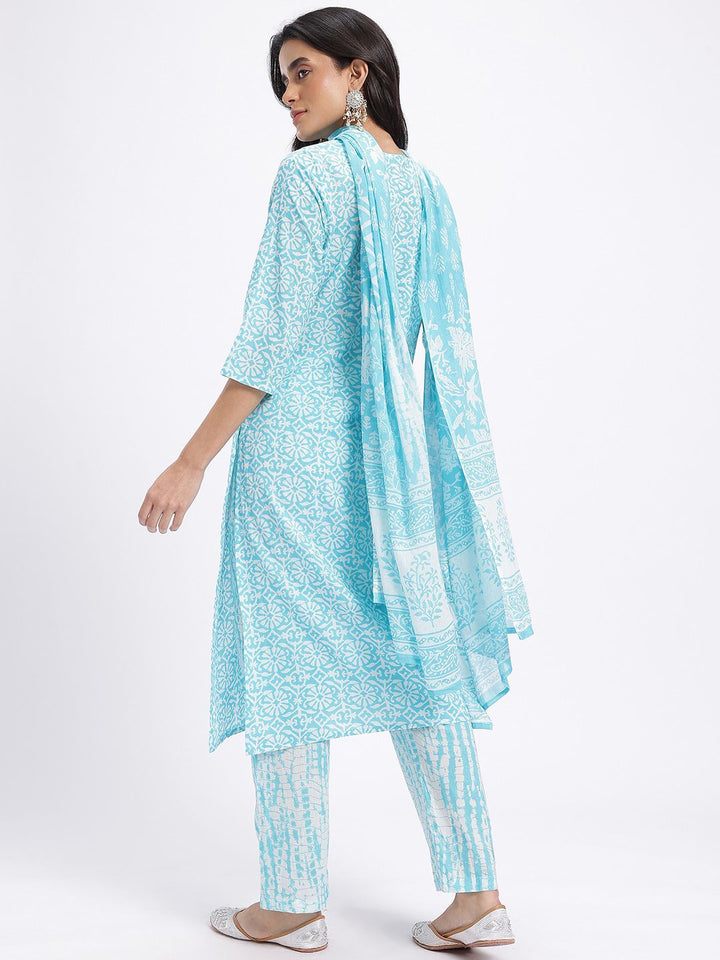 Anouk Floral Printed Pure Cotton Straight Kurta with Trousers & Dupatta