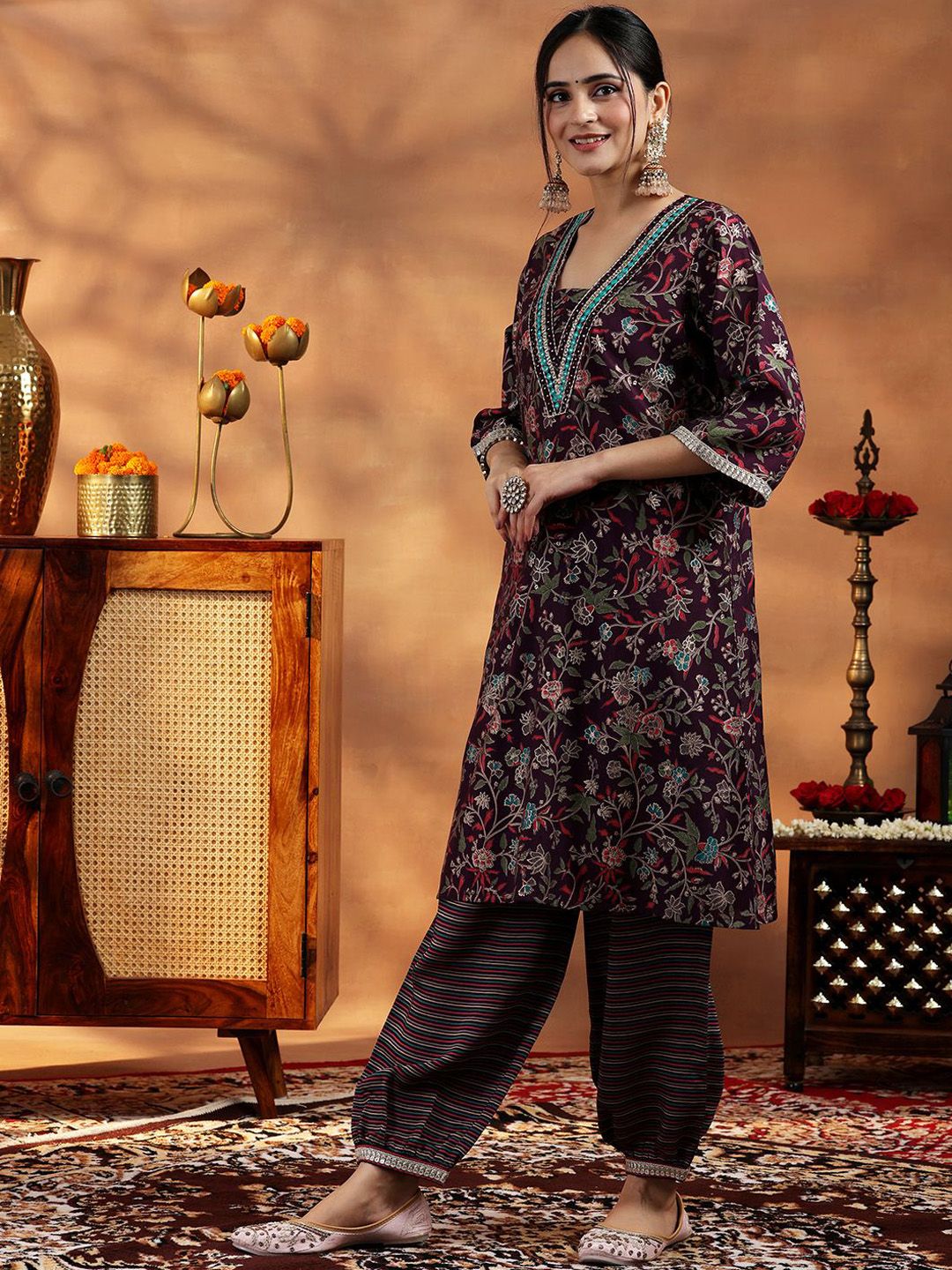 Libas Women Floral Printed Regular Mirror Work Kurta with Salwar & With Dupatta