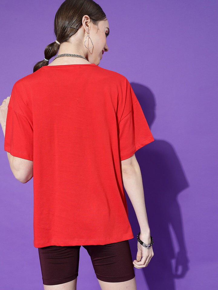 STREET 9 Women Red Typography Printed Pure Cotton Outdoor T-shirt