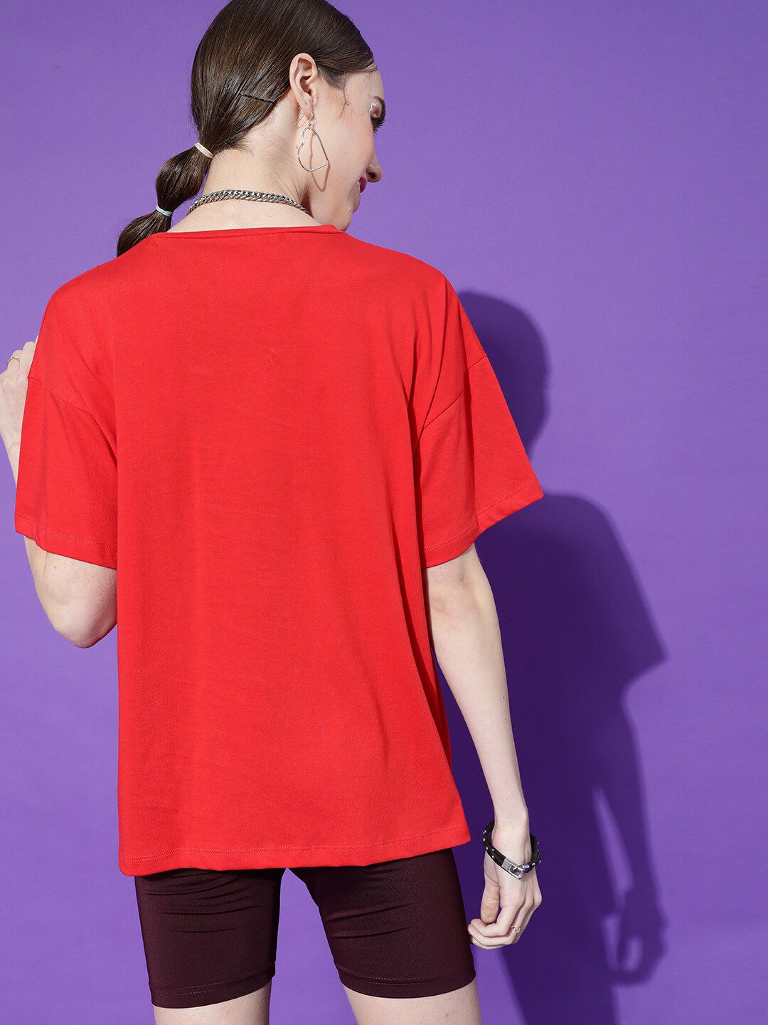 STREET 9 Women Red Typography Printed Pure Cotton Outdoor T-shirt