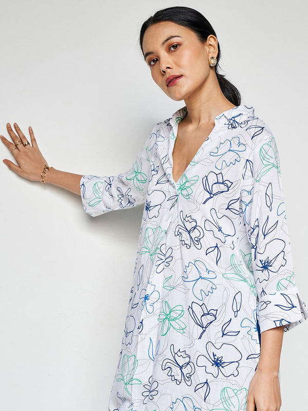 AND Print Mandarin Collar Roll-Up Sleeves Shirt Style Top