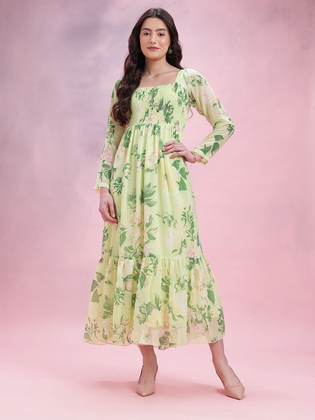 DressBerry Floral Print Square Neck Pleated Smocked Midi Dress
