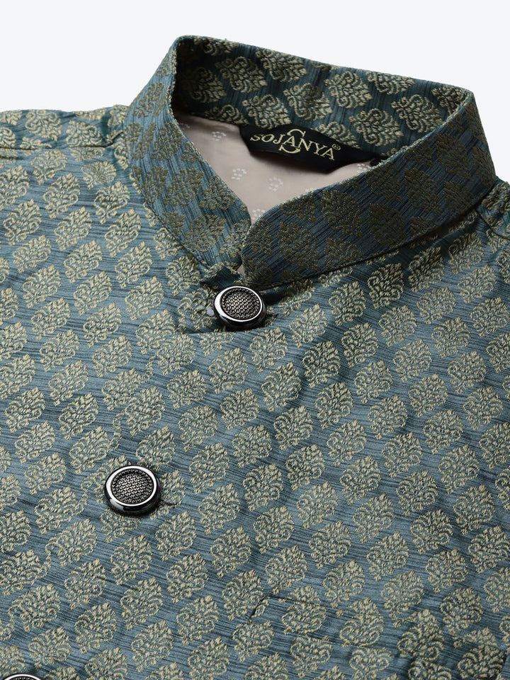 SOJANYA Men Pink Woven Design Kurta with Churidar & Nehru Jacket
