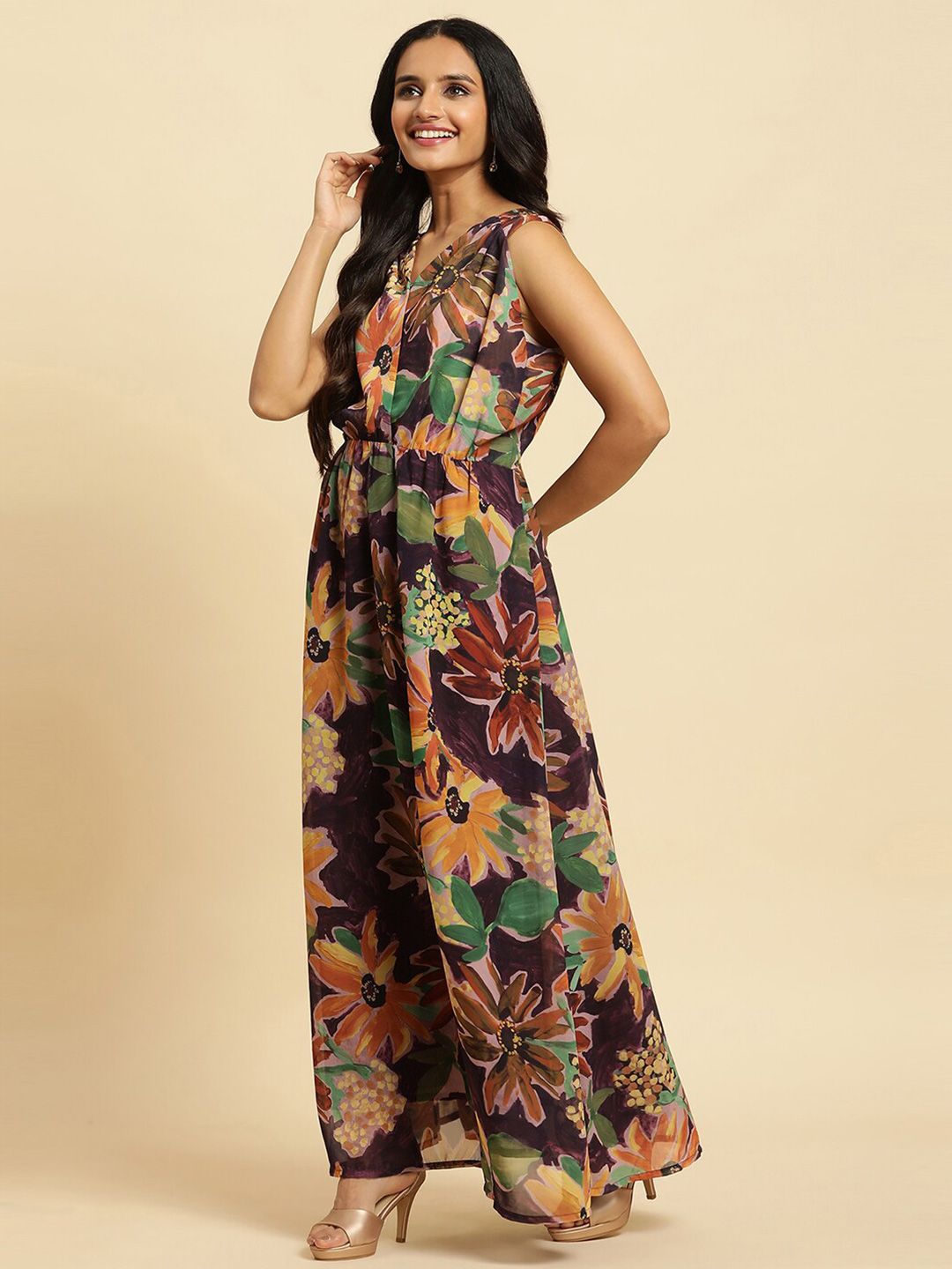 W Floral Print V-Neck Sleeveless Maxi Dress