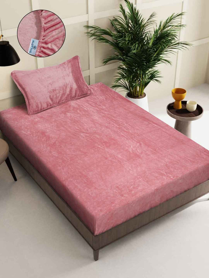 KLOTTHE Rust-Pink Woollen 300TC Fitted Single Bedsheet With Pillow Cover
