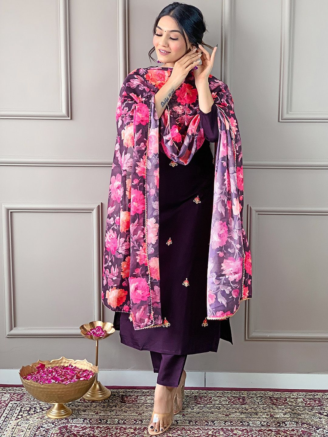 KALINI Floral Embroidered Round Neck Three-Quarter Sleeves Kurta Set