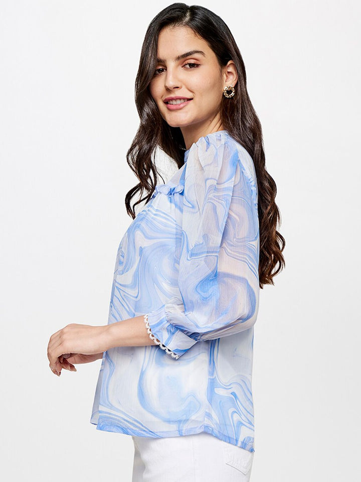 AND Women Blue and White Printed Mandarin Collar Shirt Style Top