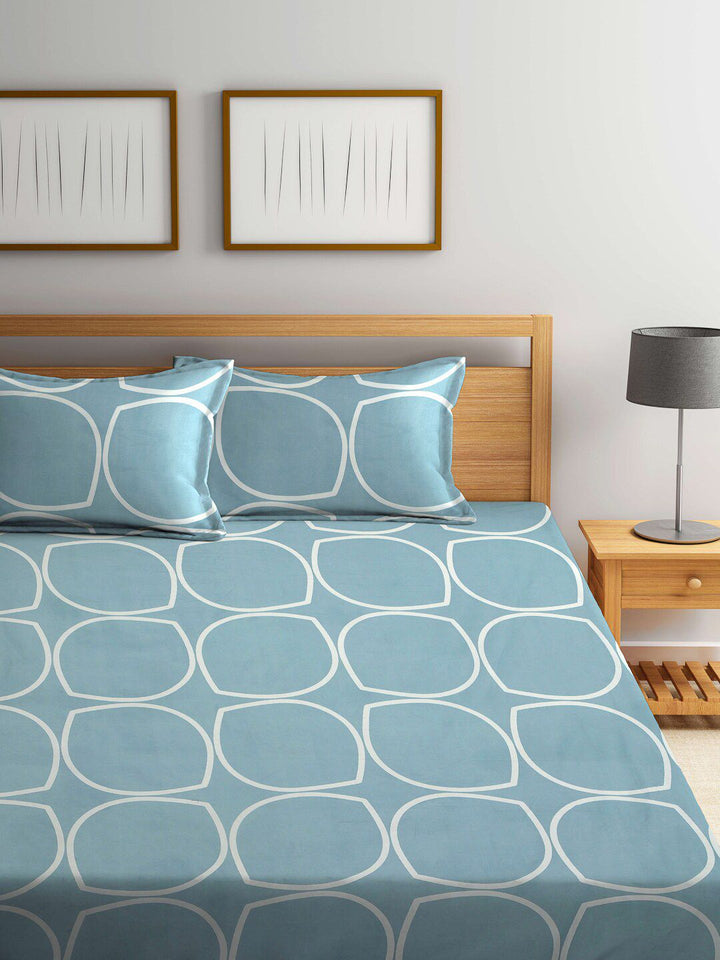 KLOTTHE Biru & Putih Geometri Bercetak 300 TC Cadar King Dengan 2 Sarung Bantal
