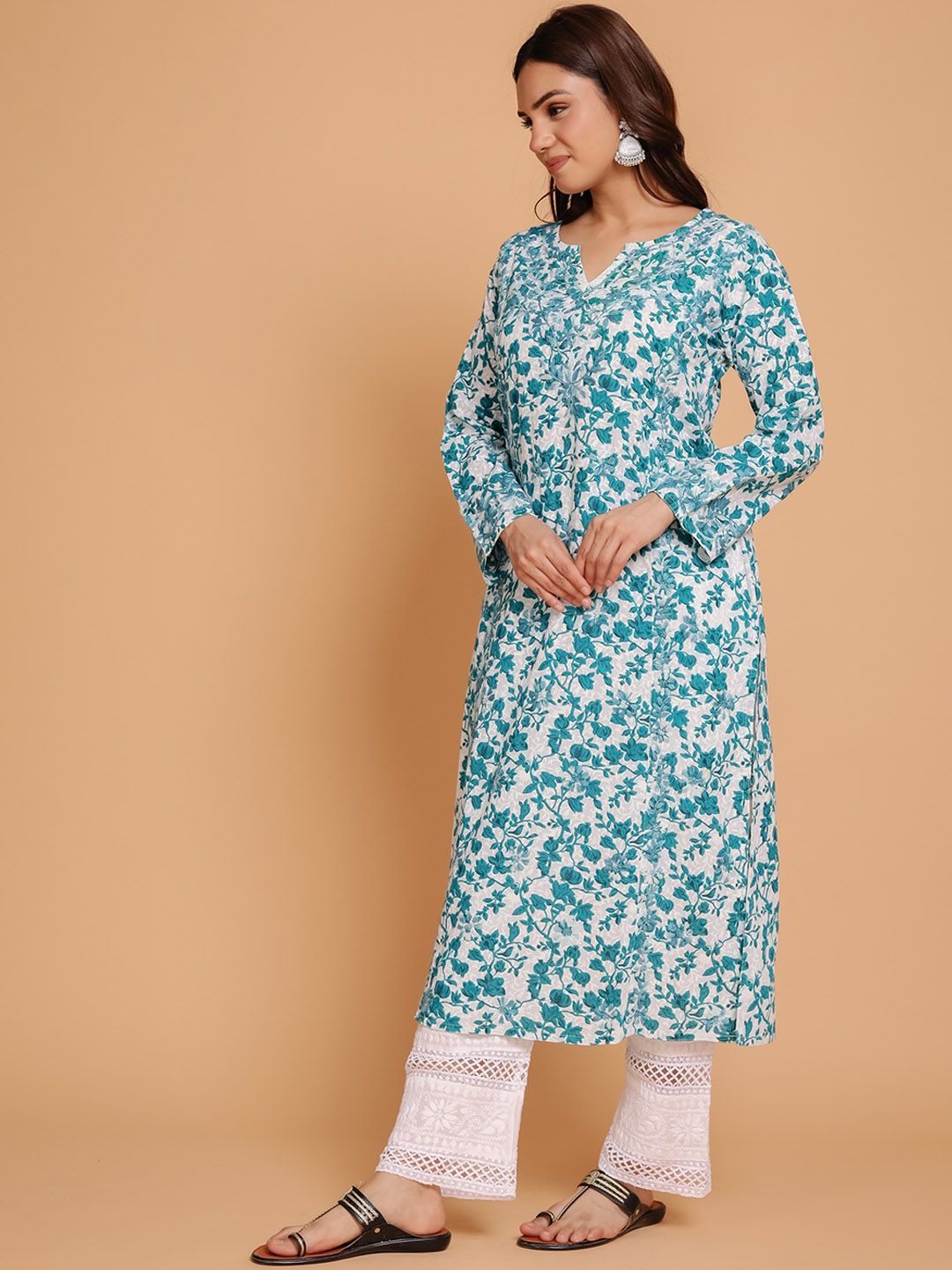 HOUSE OF KARI Floral Printed Chikankari Straight Kurta