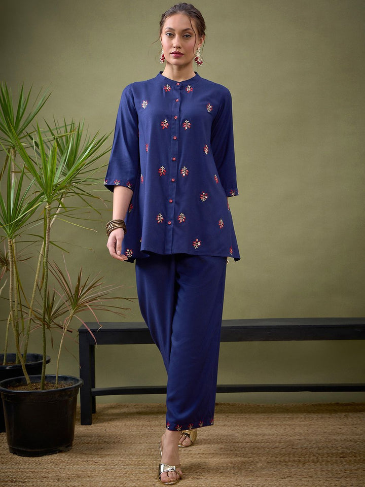 Shae by SASSAFRAS Blue Embroidered Shirt With Palazzos Co-Ords